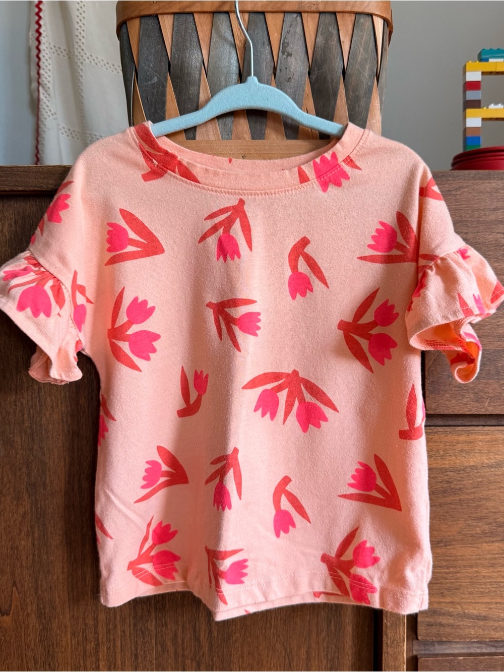 Cat & Jack Peach Short Sleeve Top with Pink Floral Print